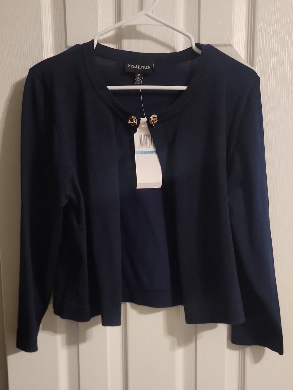 Nina Leonard Navy Open-Front Cardigan with Gold Decorative Clasp